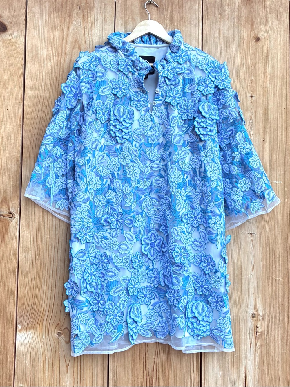 Brianna Cannon EUC Appliqué Knee Length Floral Blue Dress Sz L/XL